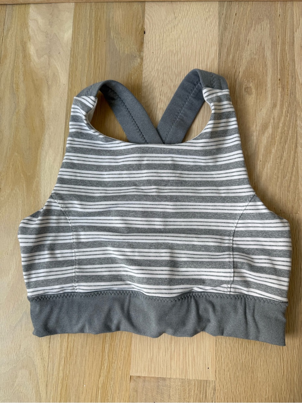 Athleta Gray and White Striped High Neck Sports Bra